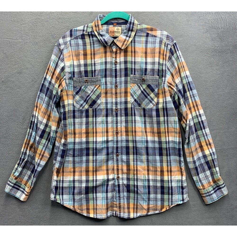 Ruff Hewn Button Up Shirt Men's Plaid Multi Color Long Sleeve Pockets Size Large